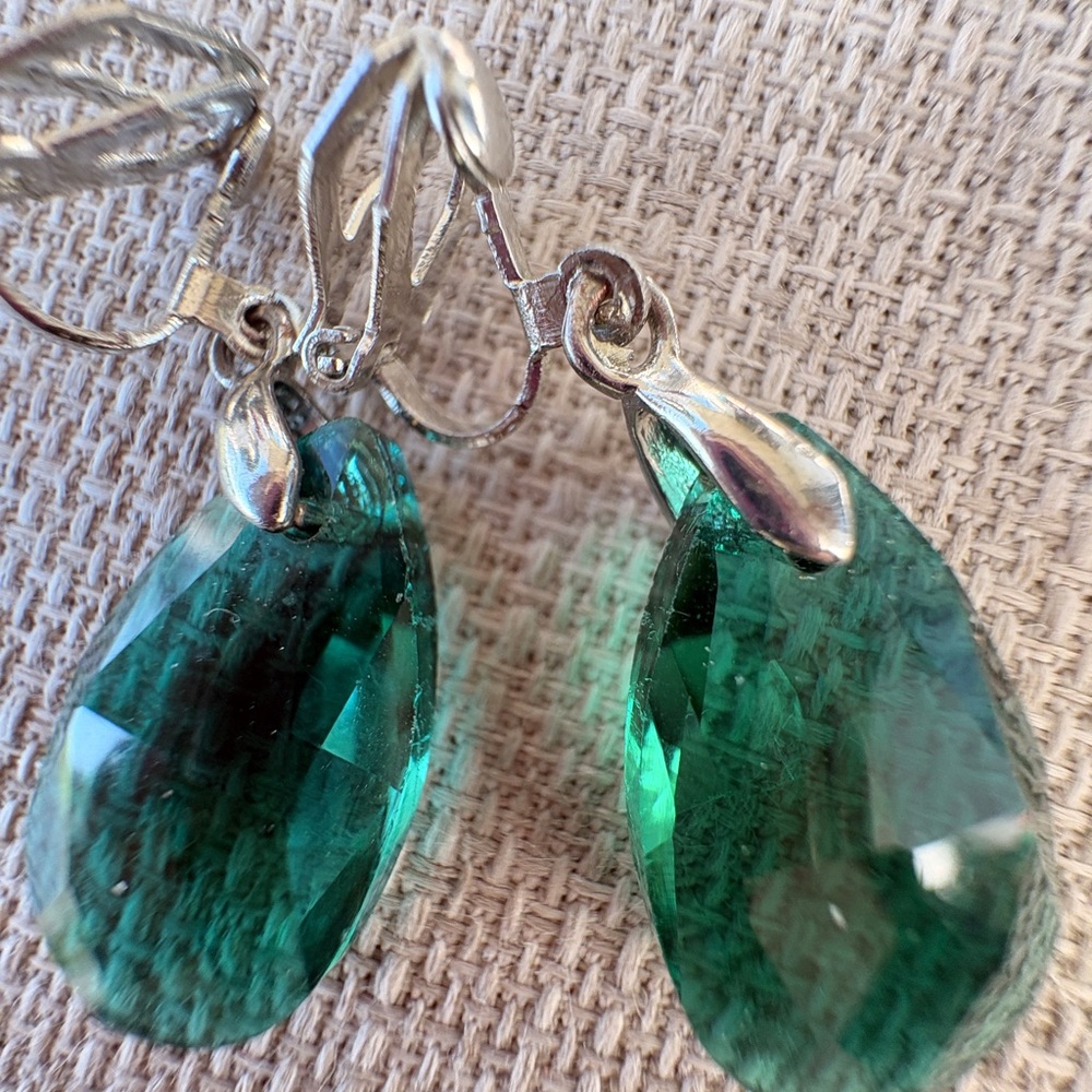 Emerald Teardrop Clip-On Earrings - Green Faceted Stones